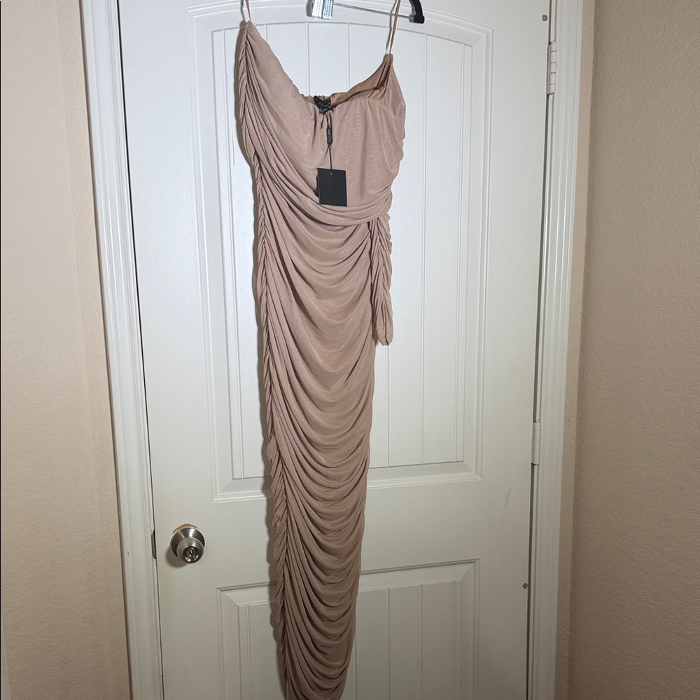 JLUXLABEL Tan Ruched Bodycon Dress